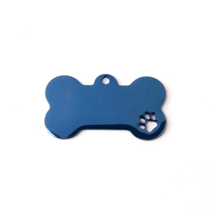 Blue bone-shaped titanium steel pet ID tag with hollow paw print and hanging hole