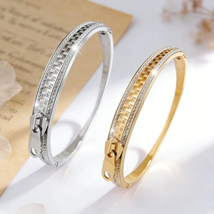 Stainless Steel Zipper Shape Cuff Bangle Bracelet For Women Trendy Paved Zirconia Rhinestone Punk Style Metal Jewelry Gift