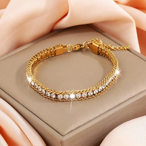 Elegante bracciale in acciaio inossidabile dorato a doppio filo con cristalli su seta