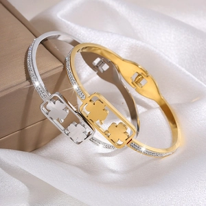 Elegante Roestvrijstalen Klavertje Vier Armband Met Strass Ingelegde Goud Zilver Verguld Voor Vrouwen Sieraden