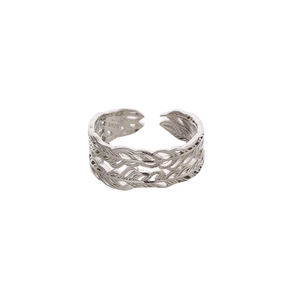 Anello regolabile in argento sterling S925 con elegante design a piuma testurizzata