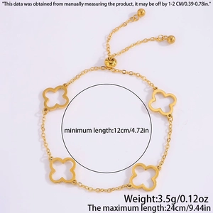 Detail view of gold titanium steel bracelet featuring four hollow clover charms with slider