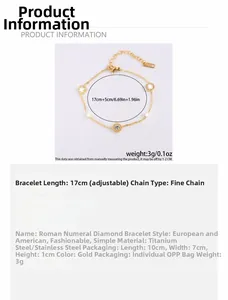 Detail view of 18K gold plated roman numeral bracelet with adjustable chain length