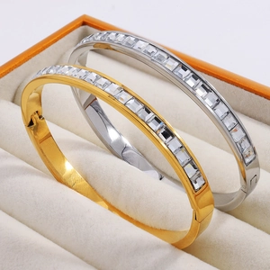 Luxurious stainless steel bangles set in gold and silver with square-cut zircon stones