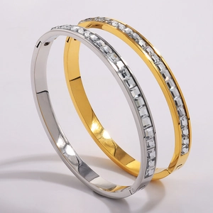 Luxury stainless steel bangles with square-cut cubic zirconia in gold and silver finish