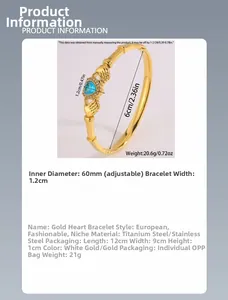 Detailed specs of the gold stainless steel Claddagh bracelet with blue heart gem