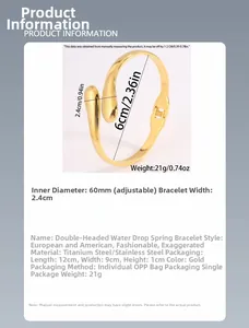 Vue détaillée du bracelet en acier titane doré avec embouts goutte et diamètre 60 mm