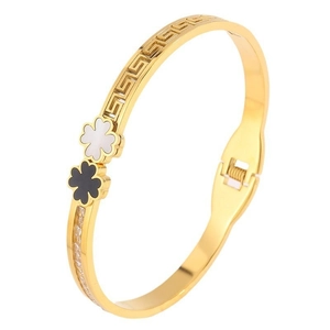 Luxurious gold stainless steel bangle with clover mother-of-pearl and crystal accents