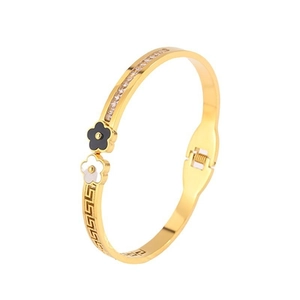 Golden titanium steel bangle with Greek meander pattern and floral zircon crystals