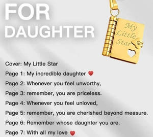 Golden titanium steel book pendant with My Little Star engraving and hollow heart design