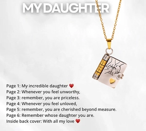 Golden book-shaped pendant necklace for daughter with engraved heart and inner message