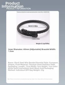 Bracelet punk pour hommes en fil d'acier tressé, diamètre 60mm et largeur de 1,3cm