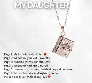 Rose gold envelope book pendant necklace for daughter with engraved message