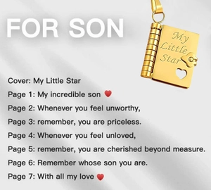 Gold book-shaped pendant necklace in titanium steel featuring My Little Star engraving