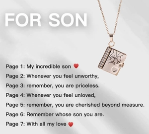Rose gold book-shaped titanium necklace for son with engraved hand-in-hand pattern