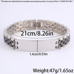 Detailed silver watchband link bracelet with polished 21cm stainless steel ID plate