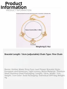 Detailed view of gold clover bracelet with water-drop crystals and adjustable chain link