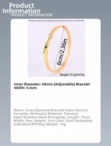 Detailed specs of cross crystal titanium steel bracelet with 60mm diameter and gold finish