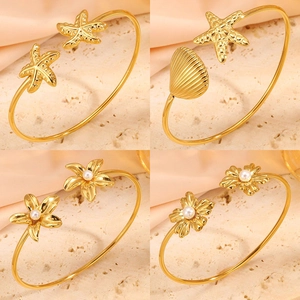 Mode Roestvrij Staal Goud Vergulde Open Manchet Armband Voor Vrouwen Verstelbare Bloem Kunstparel Hart Zeester Sieraden Armband