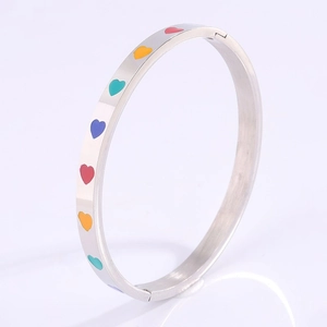 Silver-tone stainless steel bangle with colorful enamel heart charms and clasp