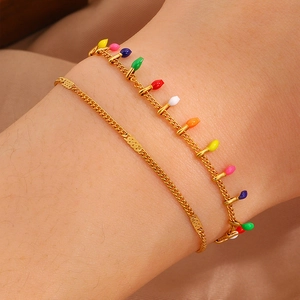 Double-layered golden stainless steel bracelet set with colorful drip oil bulb charms