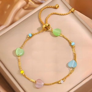 Double-layer titanium steel bracelet with colorful hearts and adjustable bolo closure