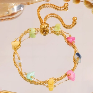 Bohemian multilayer gold stainless steel chain bracelet with colorful beads and slider clasp