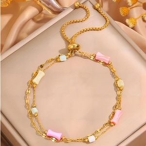 Double-layered gold stainless steel bracelet with colorful macaron bow beads