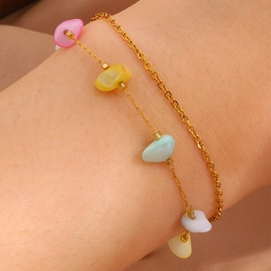 Bohemian gold stainless steel double layer bracelet with colorful natural stones