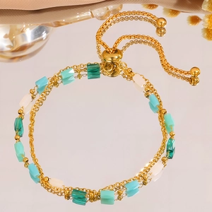 Double-layered 18K gold plated stainless steel beaded bracelet with colorful square crystals