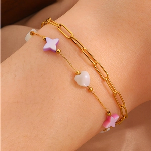 Double-layered 18K gold plated clover heart bracelet with purple star and white heart charms