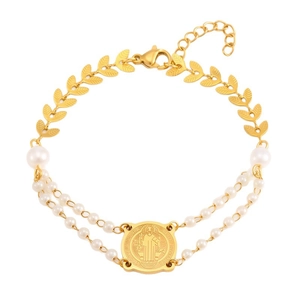 Religiöses Stahlarmband mit goldenen Olivenblatt-Kettengliedern, Perlen und Medaille
