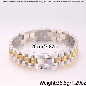 Detail view of two-tone stainless steel floral bracelet showing 20cm length and 1cm width