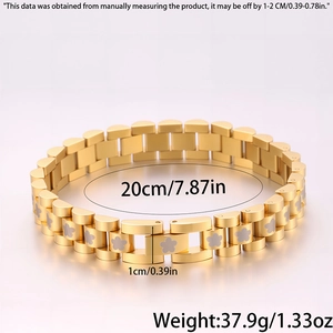 Detail of gold flower strap bracelet showing 20cm length and 1cm width dimensions