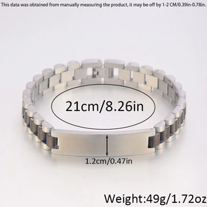 Polished silver stainless steel watch strap bracelet with 21cm circumference and rectangular plate