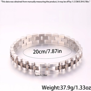 Detail view of flower engraved stainless steel watchband bracelet with dimensions and weight