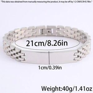 Minimalist silver stainless steel watch-style link bracelet with blank metal plate detail