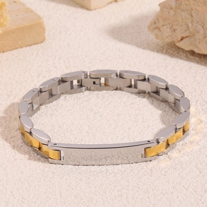 Bracelet bicolore en acier inoxydable avec plaque d'identification gravable pour homme