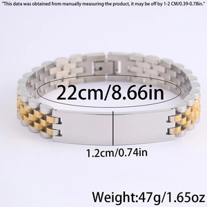 Silver and gold stainless steel watch strap bracelet with central engraved plaque