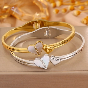 Bracelet Ouvert Double Cœur en Acier Inoxydable pour Femme Incrusté de Nacre et Zirconium Cadeau Bijoux Or Argent