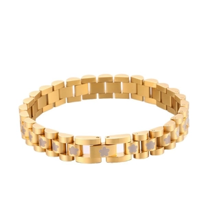 Polished gold stainless steel flower pattern bracelet with classic watch band link structure
