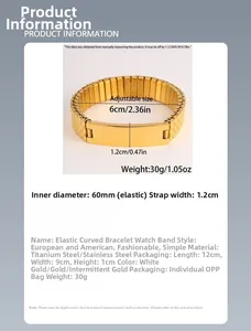 Detailed size specifications for elastic stainless steel watch-style gold bracelet