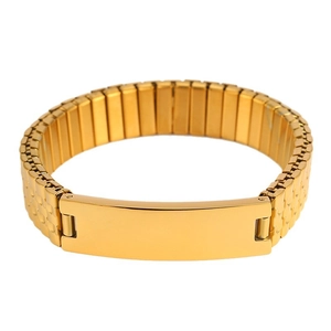 Polished gold stainless steel elastic band bracelet with customizable ID plate for men