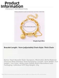 Detailed view of stainless steel heart bracelet showing adjustable chain and 18K gold plating