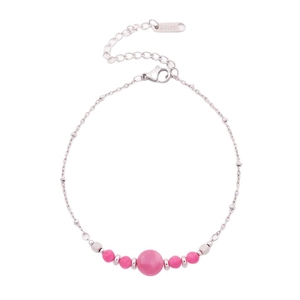 Bracelet chaîne en acier inoxydable argenté avec cinq perles de cristal rose et fermoir