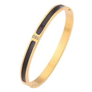 Gold-plated stainless steel bangle with three diamonds and black enamel finish