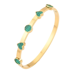 Bracelet jonc en acier doré avec motifs de cœurs et ronds rayés verts style malachite