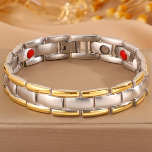 Men's retro stainless steel magnetic therapy bracelet with gold-tone accents