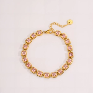 Detail of lobster clasp and adjustable tail chain on a pink crystal stainless steel bracelet