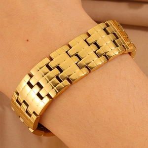 Men's wide gold-tone titanium steel bracelet with polished watch-band link design